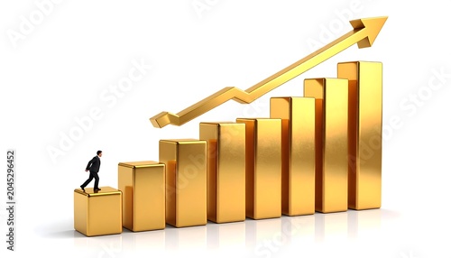 A small figure in a business suit ascends golden steps, a golden arrow pointing upwards, suggesting progress and success