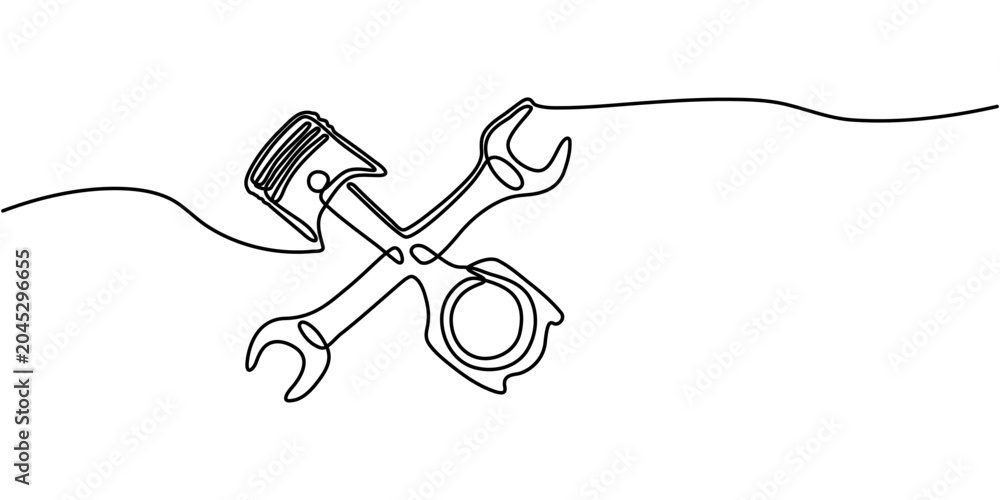 Obraz premium Continuous Line Drawing Crossed Wrench and Piston Vector