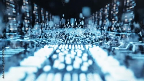 Abstract blue glowing circuit board data pathway technology background