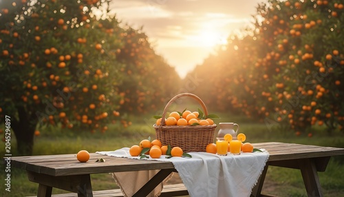 Rustic wooden table with fresh oranges and basket in sunlit orange grove at sunset