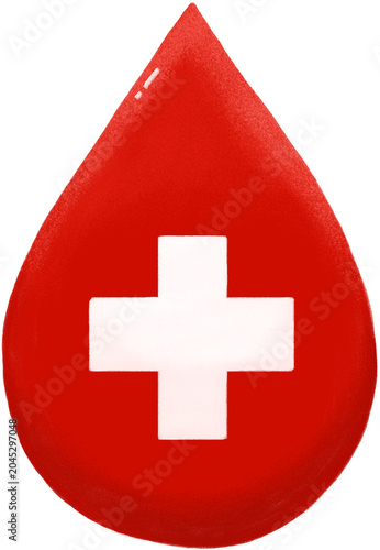 Textured red blood drop featuring a white medical cross. Symbolizes blood donation, healthcare, emergency medicine, hospital services, and health awareness programs. Isolated on transparent background