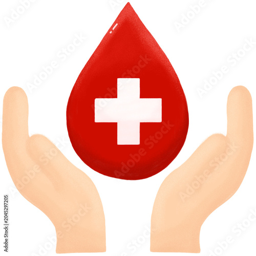 Flat textured illustration of two hands protecting a blood drop with a medical cross. Represents blood donation, healthcare protection, medical support, emergency care, and blood bank services.