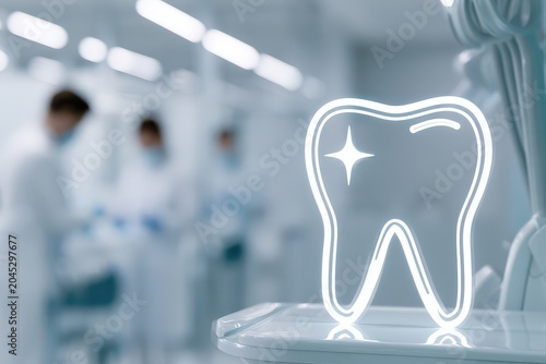 A bright and modern cosmetic dentistry clinic featuring a glowing tooth sign, emphasizing dental care and hygiene