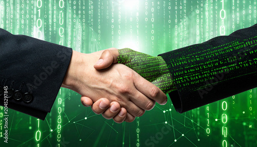 Digital Handshake: Two hands meet in a firm handshake against a backdrop of cascading green binary code and network connections, symbolizing a digital partnership and technological integration.