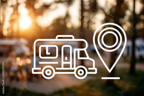A modern recreational vehicle parked at a campground during sunset, showcasing amenities and a tranquil atmosphere