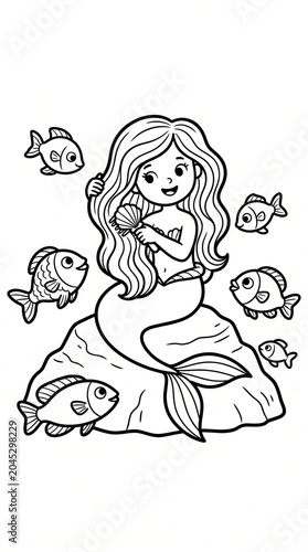 Mermaid combing hair Coloring Book for Kids Printable Ocean Page