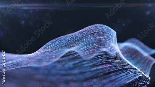 Abstract blue purple wave of glowing particles on dark background