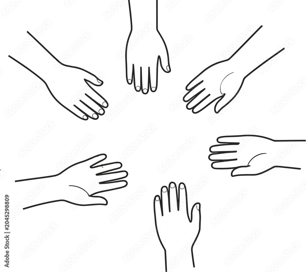 Fototapeta premium Five human hands arranged in a circle, black and white line