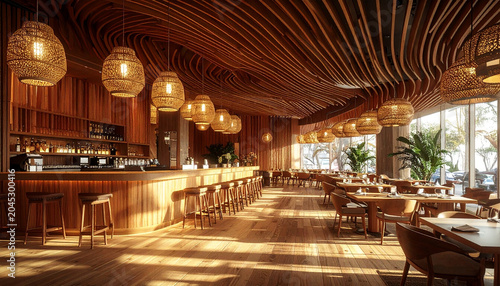 Earthy Elegance: A serene restaurant interior showcases warm wooden textures, organic woven pendant lights, and lush green plants, creating a tranquil and inviting dining ambiance.