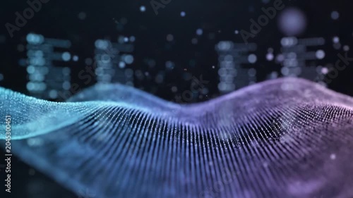 Abstract digital wave of glowing particles on dark background