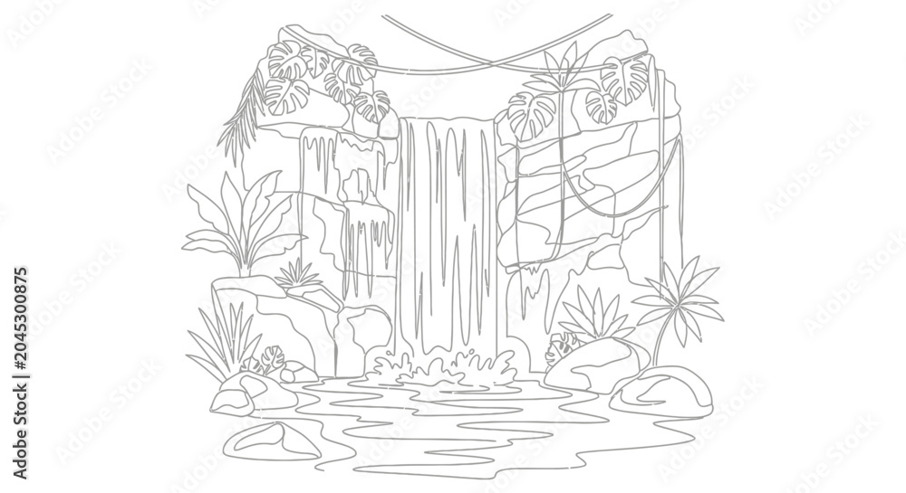 Naklejka premium Jungle Waterfall Line Art - Tropical Nature Scene