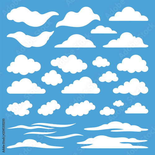 Collection of various white cloud shapes.
