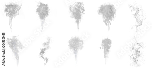 realistic photograph collection featuring various dynamic white smoke and steam plumes isolated on black, ideal for digital effects.