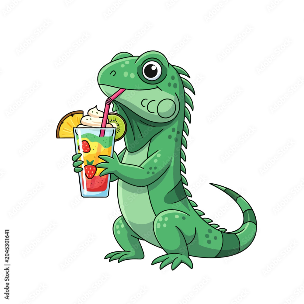 Obraz premium Cute Green Iguana Enjoying a Colorful Tropical Cocktail