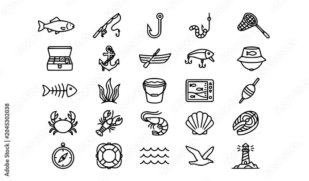 Αυτοκόλλητο Fish and Fishing Line Icon Set Editable Stroke Marine and Angling Thin Vector Co
