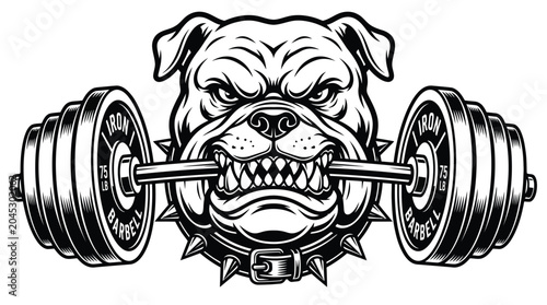 Aggressive bulldog vector illustration wearing a spiked collar while biting a heavy iron weight barbell