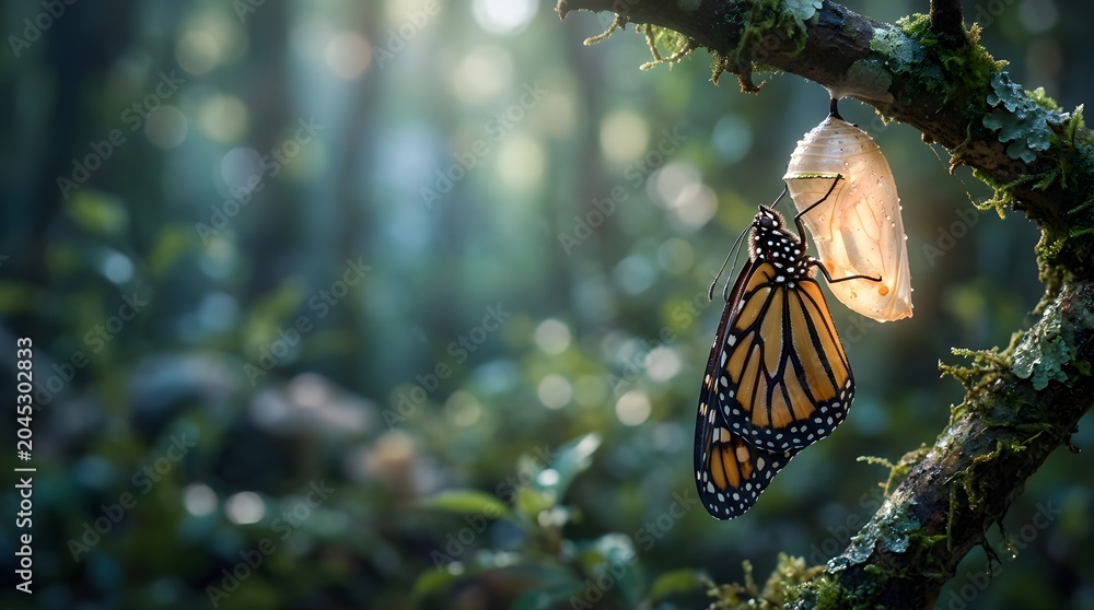Fototapeta premium Monarch butterfly emerging from a chrysalis on a forest tree branch