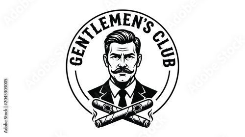 Detailed vector illustration of a sophisticated gentleman wearing a suit with crossed cigars below text