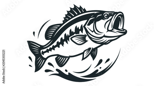 Minimalist black and white vector illustration of a jumping bass fish with stylized water splashes