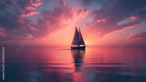 A sailboat sails towards a sunset, its reflection in calm water, under a starry sky