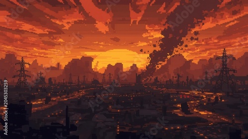 futuristic dystopian cityscape at sunset with fiery lava cracks and smoke