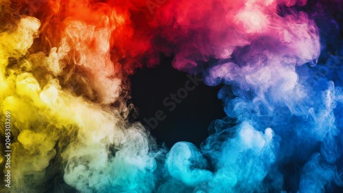 Colorful, swirling smoke against a dark background, forming a circular, vibrant cloud