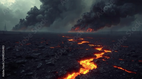 volcanic lava flow cracks through smoky battlefield with fiery glow at dusk