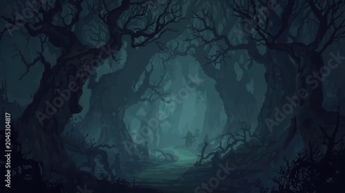 mystical foggy forest path with twisted trees and eerie blue glow at dusk