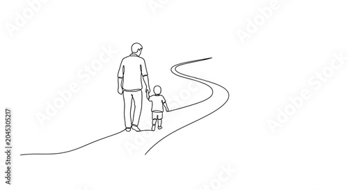Father and Child Walking Hand in Hand on a Winding Path, Minimalist Line Art