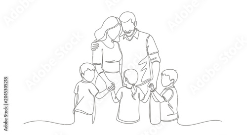 Bilde på lerret Happy Family Together, Single Line Drawing Art, Parents and Three Children Embra
