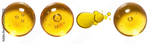 Tableau sur toile a stunning 3d render of vibrant golden yellow oil drops with delicate bubbles, isolated on a sleek transparent background, perfect for beauty product concepts