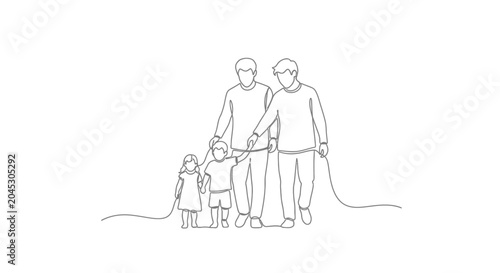 Gay couple walking with their two children, minimalist line art, single line drawing