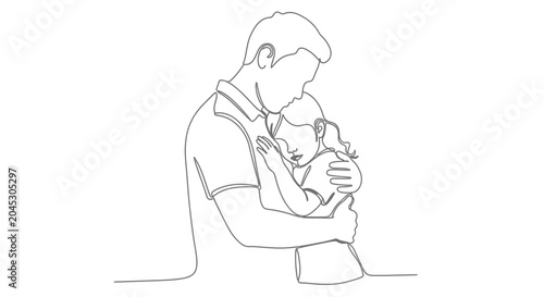 Father's Love: Continuous Line Art Hugging Daughter, Family Bonding, Tender Moment