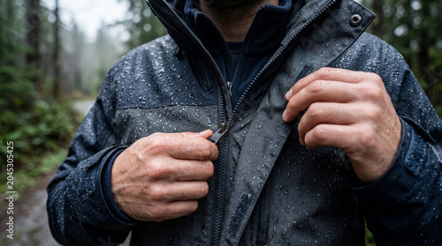 Man zipping up waterproof jacket in rainy forest