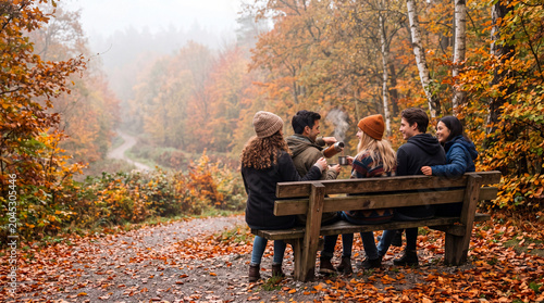 Friends enjoying hot drinks on a bench in an autumn forest with colorful leaves