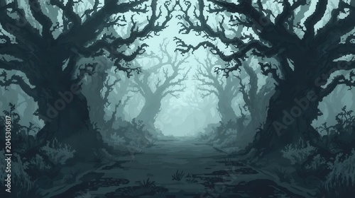 mystical foggy forest path with twisted trees in dark fantasy lighting