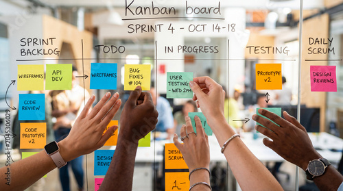 Team collaborating on a Kanban board with sticky notes for project management