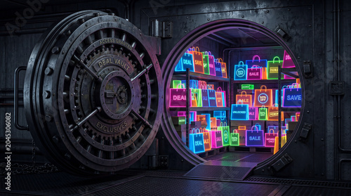 Secure Deal Vault Filled With Glowing Neon Shopping Bags Representing Sales and Discounts