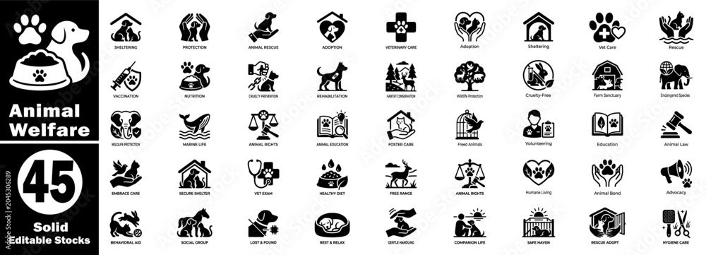 Obraz premium Animal welfare solid icon set. Featuring concepts such as pet sheltering, protection, and rescue.