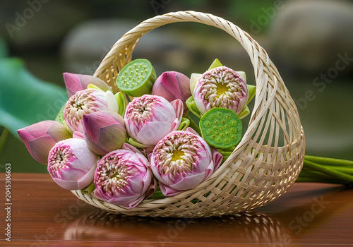 Pink lotus flowers arrangement in woven basket still life photography