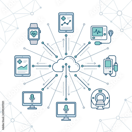 Abstract digital cloud network connecting medical devices and technology for healthcare information exchange