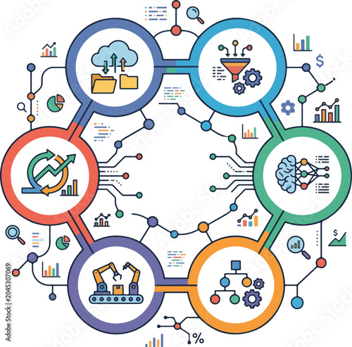 Abstract workflow diagram showing data analysis cloud storage artificial intelligence and automation processes