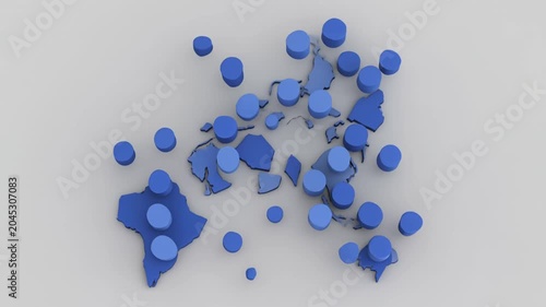 3D Blue Fragmented World Map Concept for Global Data Visualization