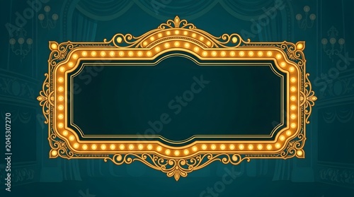 Vintage marquee sign with glowing light bulbs, ornate golden theater frame on dark teal background, elegant cinema billboard for show announcements