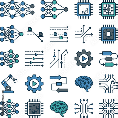 Collection of flat icons representing artificial intelligence and machine learning concepts including neural networks and processors