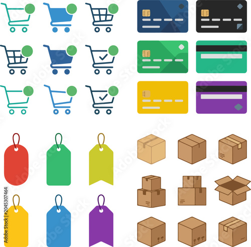 Collection of shopping cart icons credit cards gift tags and cardboard boxes for ecommerce