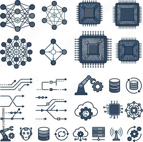 Collection of technology and data processing icons representing artificial intelligence and network concepts
