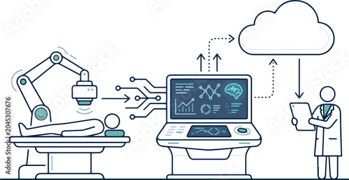 Futuristic medical technology utilizes robotic arm computer analysis and cloud computing for patient care