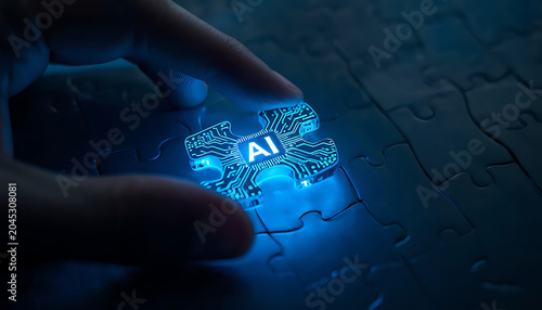 Human hand placing glowing AI chip puzzle piece into complex circuit board solution