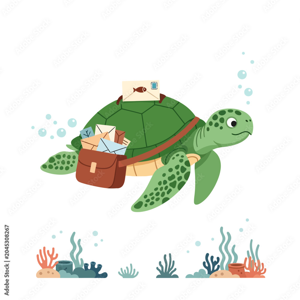 Obraz premium Cartoon turtle carrying letters, sea mail delivery illustration